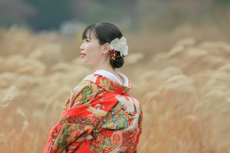 ススキの草原での撮影