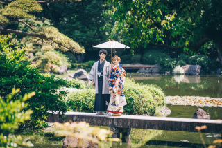 スタジオアンルージュなんばOCAT店_慶沢園の新緑溢れる和庭園で和装が映える前撮りを