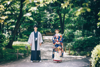 スタジオアンルージュなんばOCAT店_慶沢園の新緑溢れる和庭園で和装が映える前撮りを
