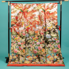 R105-赤黒に金織 鶴と四季花