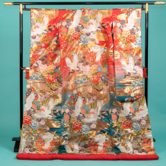 R106-赤地に青ボカシ 鶴に花車