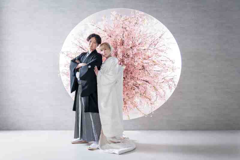 白無垢は桜の背景で