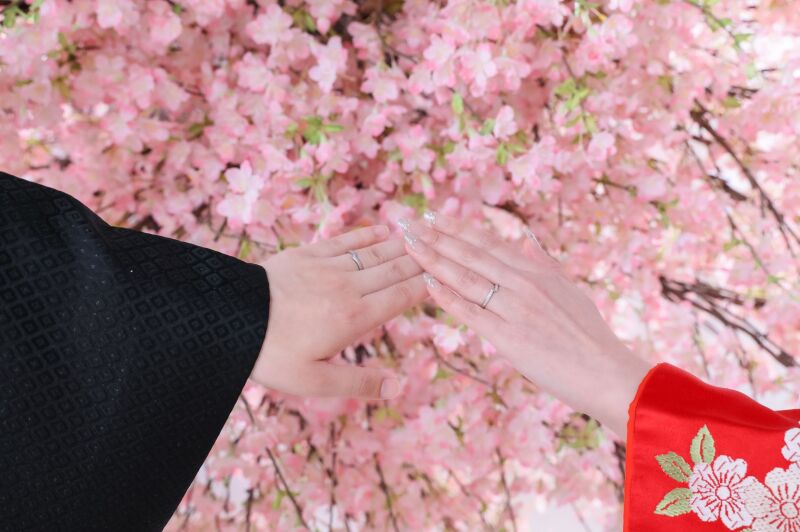 桜の背景に輝く結婚指輪の手元カット