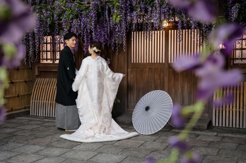 藤の花越しに魅せる和装の後ろ姿と和傘のアクセント