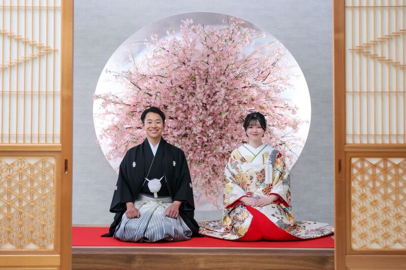 和の情緒漂う障子窓と桜背景の正座ポーズ