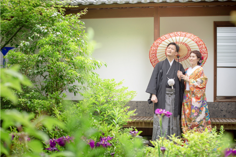 菖蒲も咲き誇る庭園での撮影 色打掛とのコントラスト