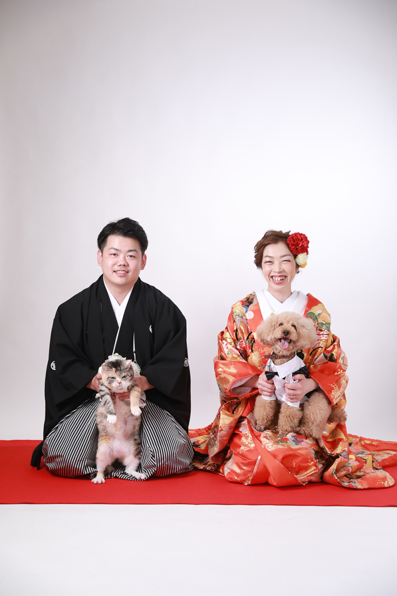 わんちゃんとねこちゃんと一緒に和装フォト