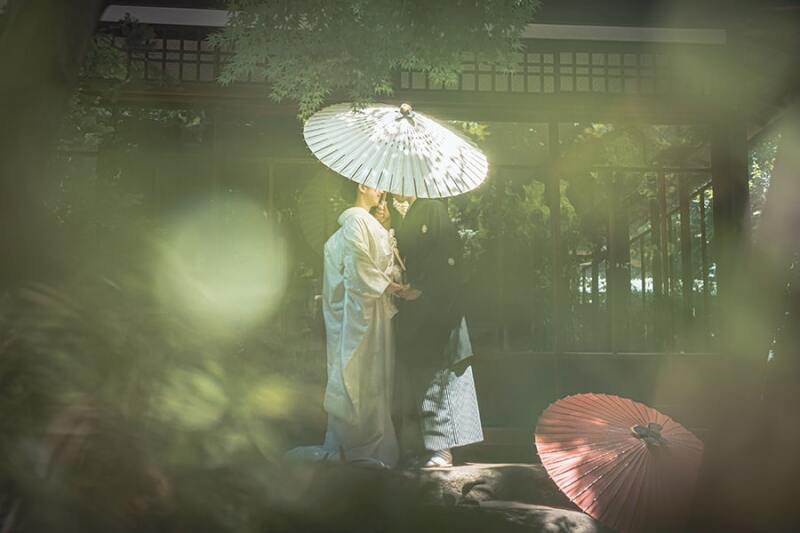 番傘と植物を利用して