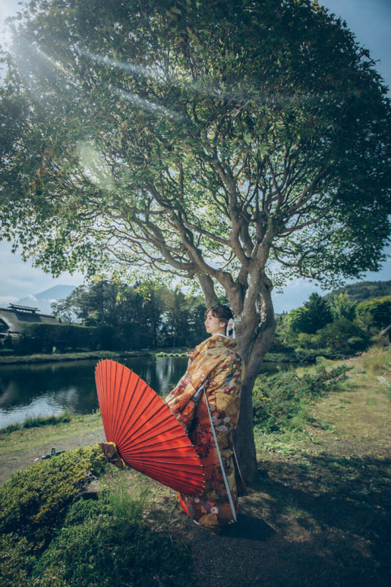 鮮やかな緑と番傘の赤が印象的!