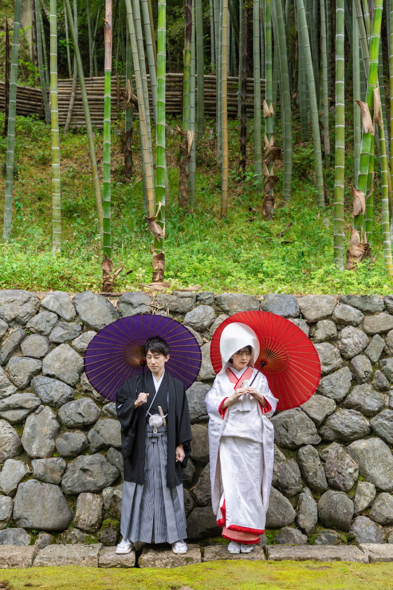 竹林前で