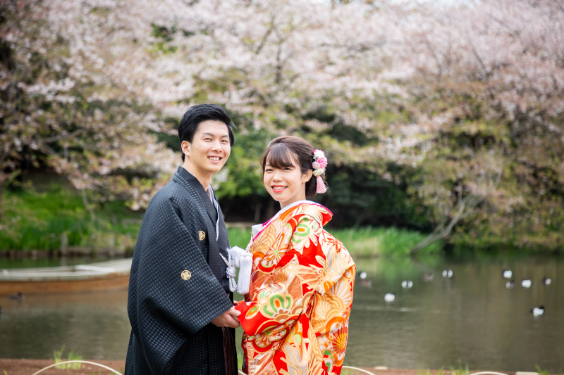 桜の花びら舞う初春の庭園