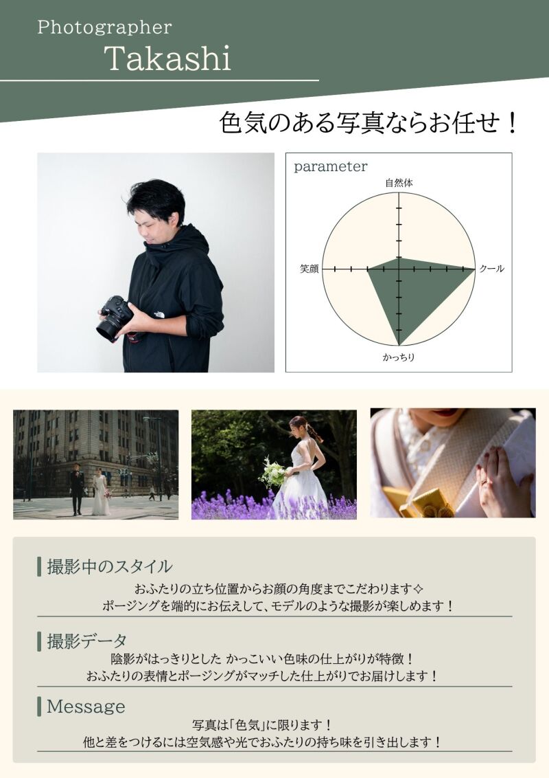 ポージングも色味もこだわって、山本流の切り取り方でおふたりの魅力を引き出します