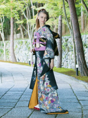 3057 手描き友禅黒地花流水