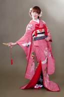 紅総絞り 鶴と花　3008