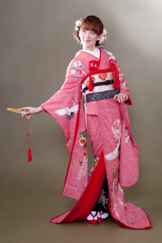 紅総絞り 鶴と花　3008