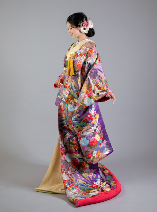 1115 織物 紫地雪輪花車鶴