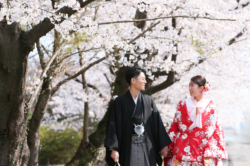 満開の桜の下で