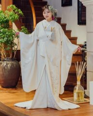 鶴に花車　銀刺繍