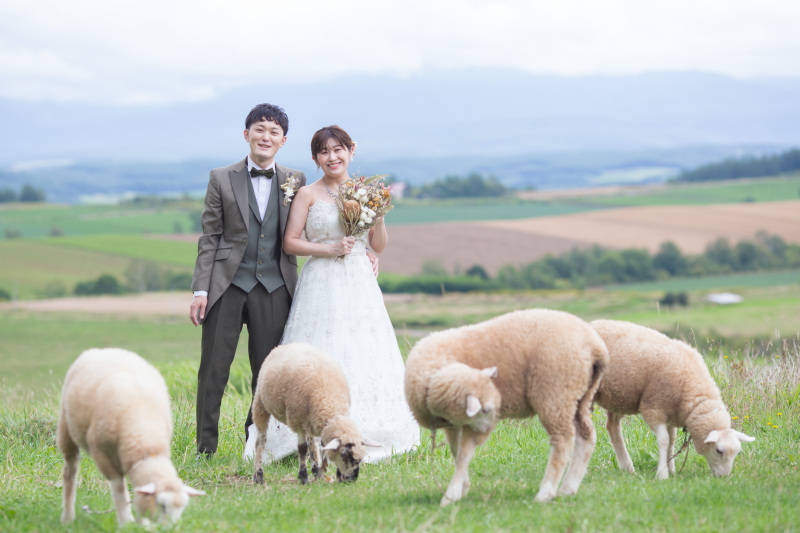 牧歌的な風景でフォトウェデイング
