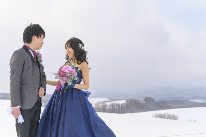 遠くに森が見える丘の雪原