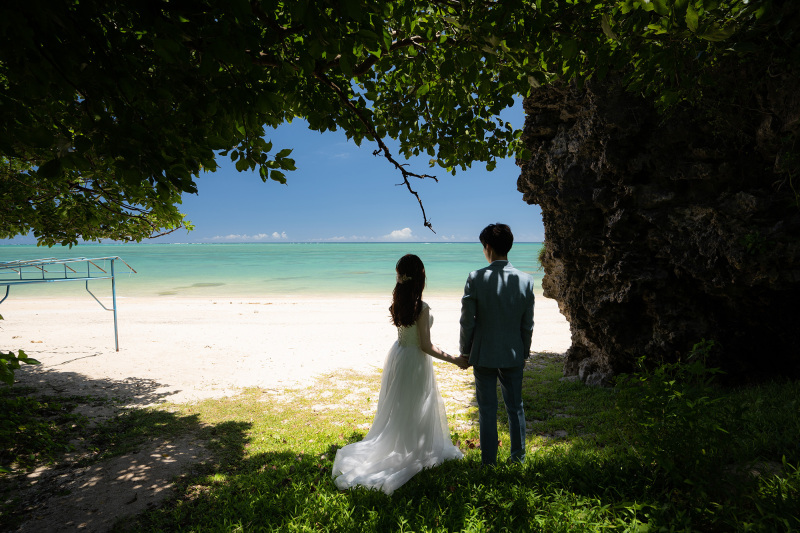 緑の奥には輝かしいビーチが