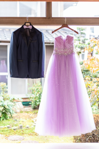 ふわふわチュールのパープルドレス