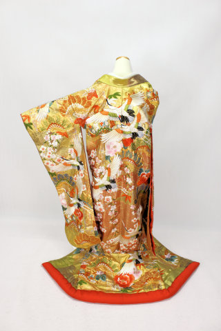 青銅箔ぼかし刺繍　「松竹梅に鶴」