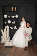 襟なしブルーベージュ／ブラウンコーデ