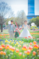 胸元のレースとふんわりチュールのナチュラルドレス♪