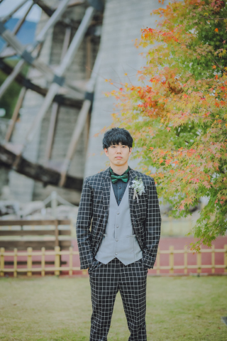 チェック柄のブラック×ホワイト／高身長な新郎様に