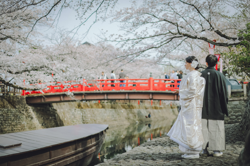 赤い橋と大きな船が和装に良く合う桜の名所
