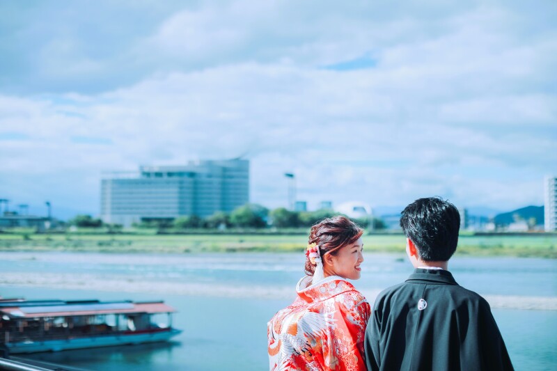 長良川×鵜飼船×都ホテル×長良川球場×青空×二人