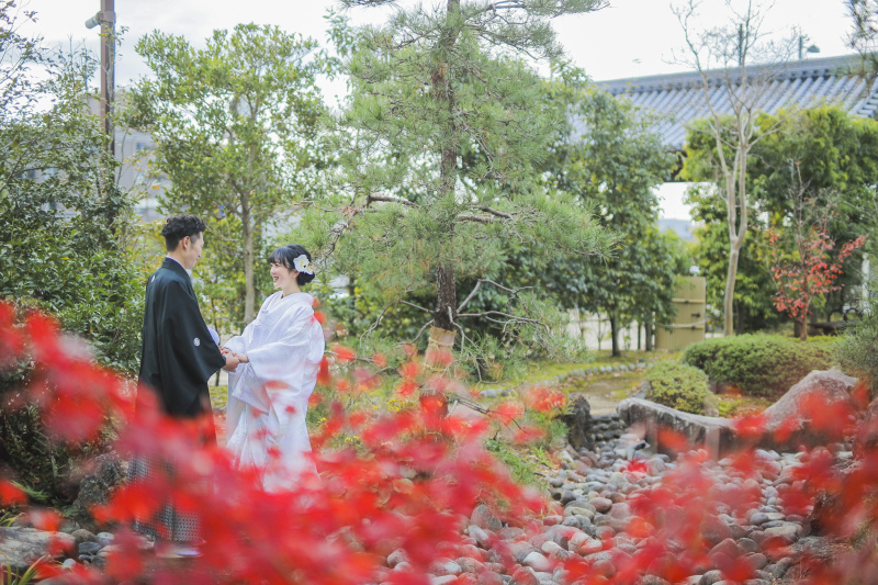 公園内にある日本庭園。真っ白な白無垢が映えますね