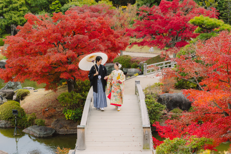 秋色に包まれる庭園撮影