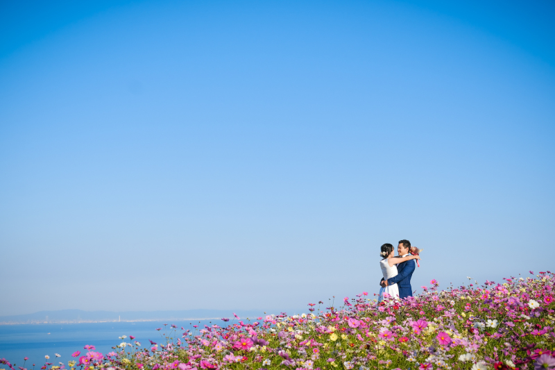 洋装コスモス畑でロケーション撮影