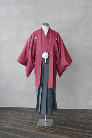 紋付袴（ワイン×グレー）