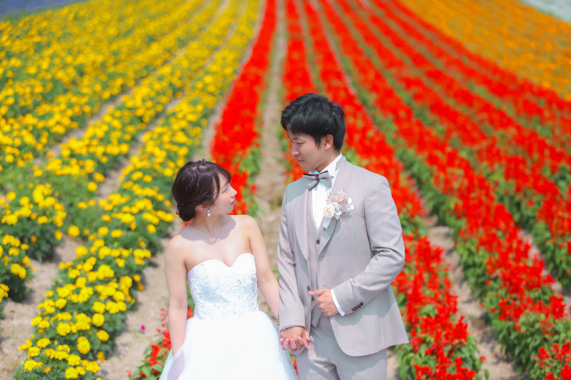 色鮮やかお花の絨毯をバックに