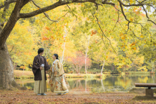 紅葉の鳥沼公園で和装撮影