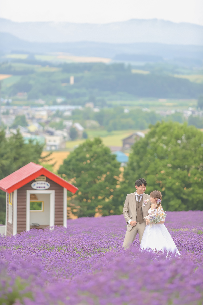 色鮮やかなラベンダーと広大な風景と撮影