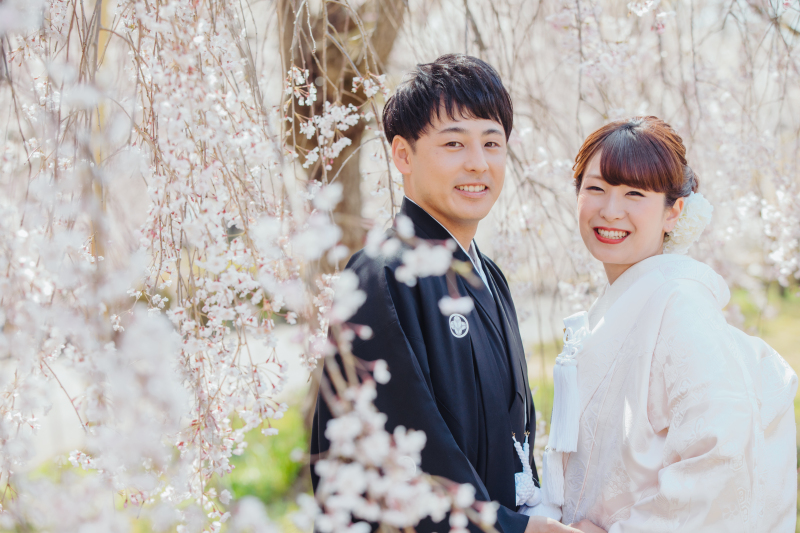 満開の枝垂れ桜に囲まれて