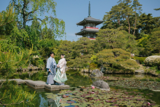 和庭園で笑顔溢れる和装フォト♪