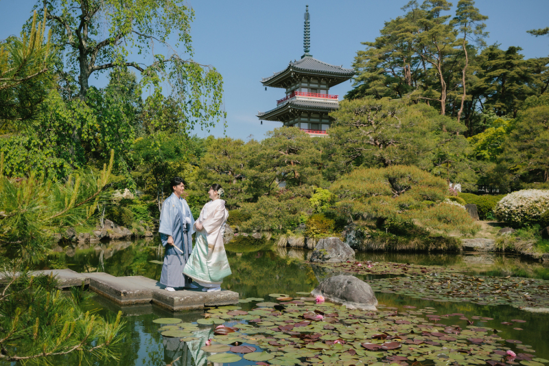 和庭園で笑顔溢れる和装フォト♪