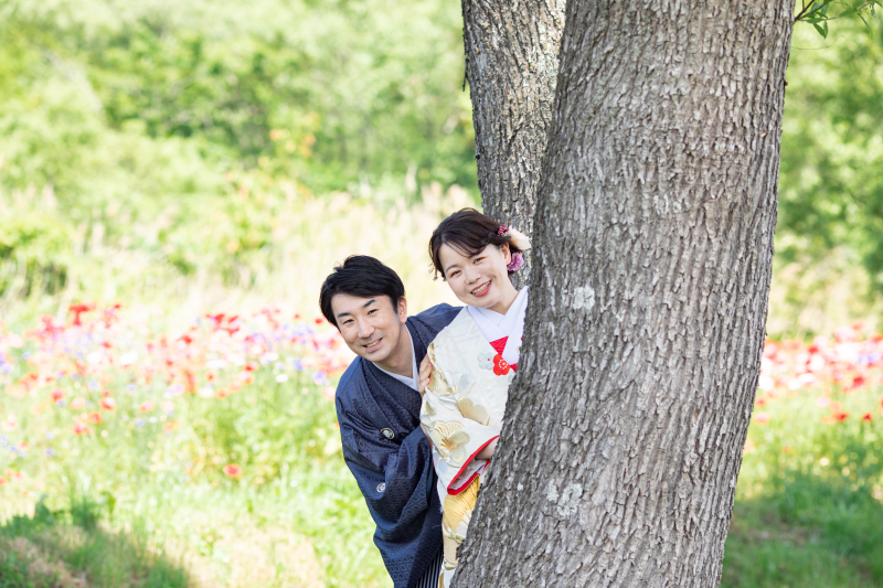 みちのく杜の湖畔公園で和装撮影