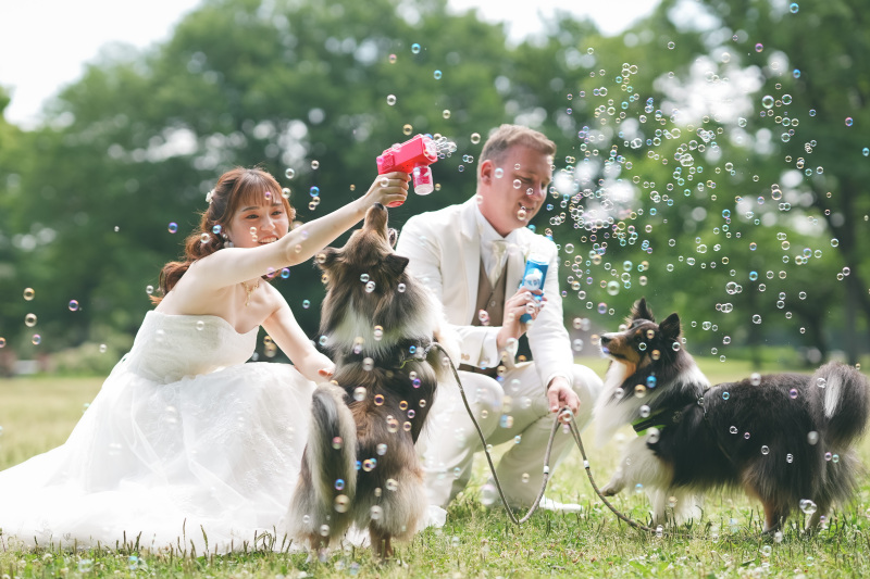 愛犬と庄内緑地公園でウエディングフォト．＊