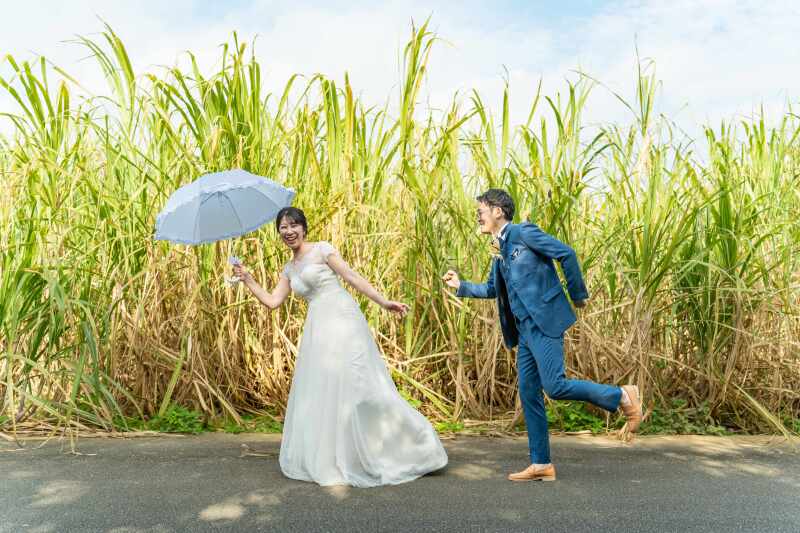 サトウキビの前で