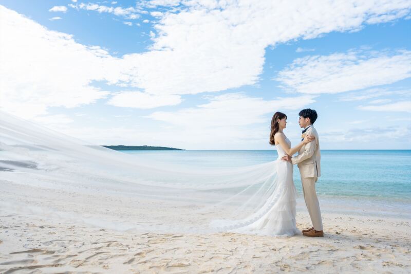 海を背景に見つめ合うふたりロングベールが揺らめく