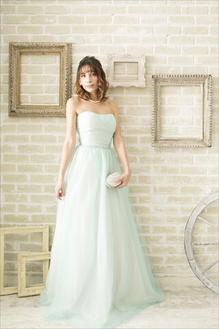 001374 ミントグリーンウェストビジュー付チュールドレス