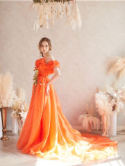 051035テラコッタ　オレンジ　フリルショルダードレス