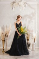 60991 インポート　ブラックチュール編み上げドレス　M