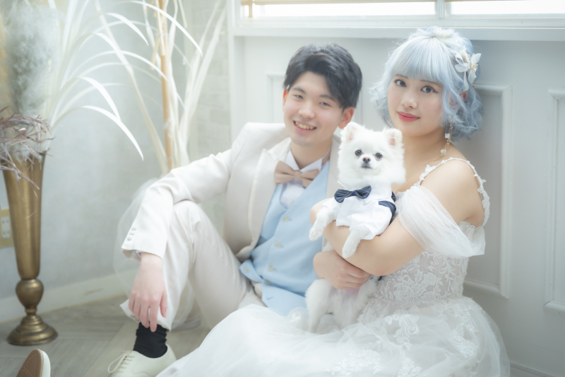 ブルーヘアがおしゃれ♡スタジオでペットと一緒にウェディングフォト!